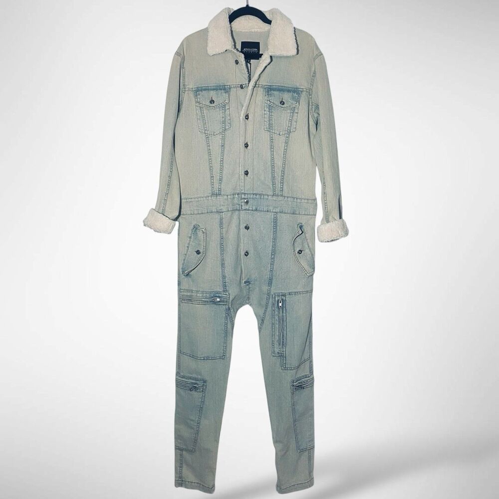 Jonny Cota Mens Jumpsuit Size M Blue Streetwear Denim Dropped Crotch Jean Sherpa